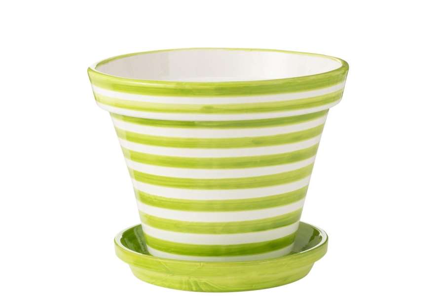 FLOWERPOT+PLATE GRANADA STRIPES HANDMADE/HANDPAINTED CERAMIC GREEN/WHITE EXTRA LARGE