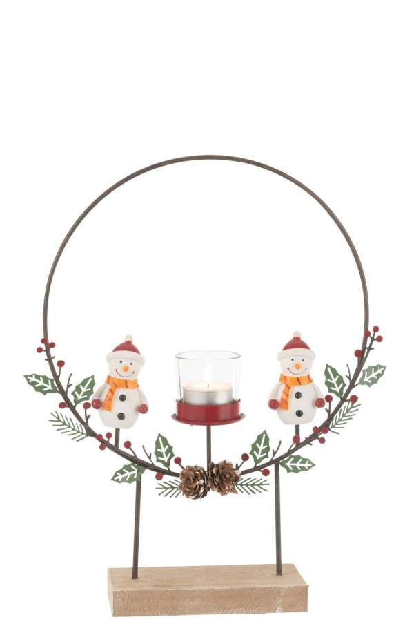 TEALIGHT HOLDER CIRCLE ON FOOT+SNOWMEN MIX