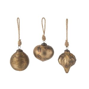 XMAS BAUBLE OXIDISED GLASS ANTIQUE GOLD LARGE ASSORTMENT OF 3