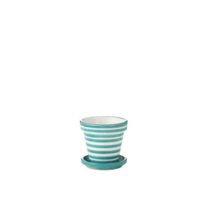 FLOWERPOT+PLATE GRANADA STRIPES HANDMADE/HANDPAINTED CERAMIC AQUA/WHITE SMALL
