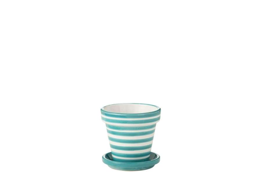 FLOWERPOT+PLATE GRANADA STRIPES HANDMADE/HANDPAINTED CERAMIC AQUA/WHITE SMALL