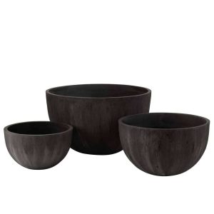 SET OF 3 FLOWERPOTS ROUND CERAMIC LOW BLACK
