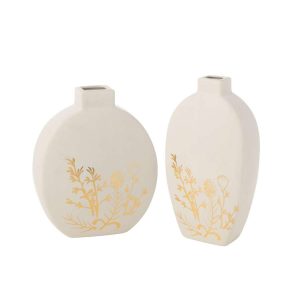 VASE FLOWER DRAWING PORCELAIN GOLD/WHITE LARGE ASSORTMENT OF 2