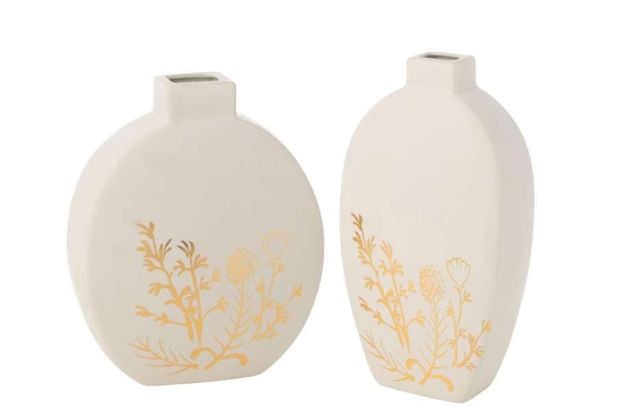 VASE FLOWER DRAWING PORCELAIN GOLD/WHITE LARGE ASSORTMENT OF 2