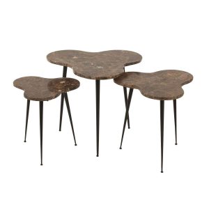 SET OF 3 SIDE TABLES BEE MARBLE/METAL BROWN/BLACK