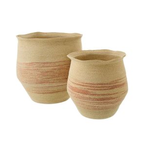 SET OF 2 BASKET STRIPED SEAGRASS NATURAL/DARK ORANGE