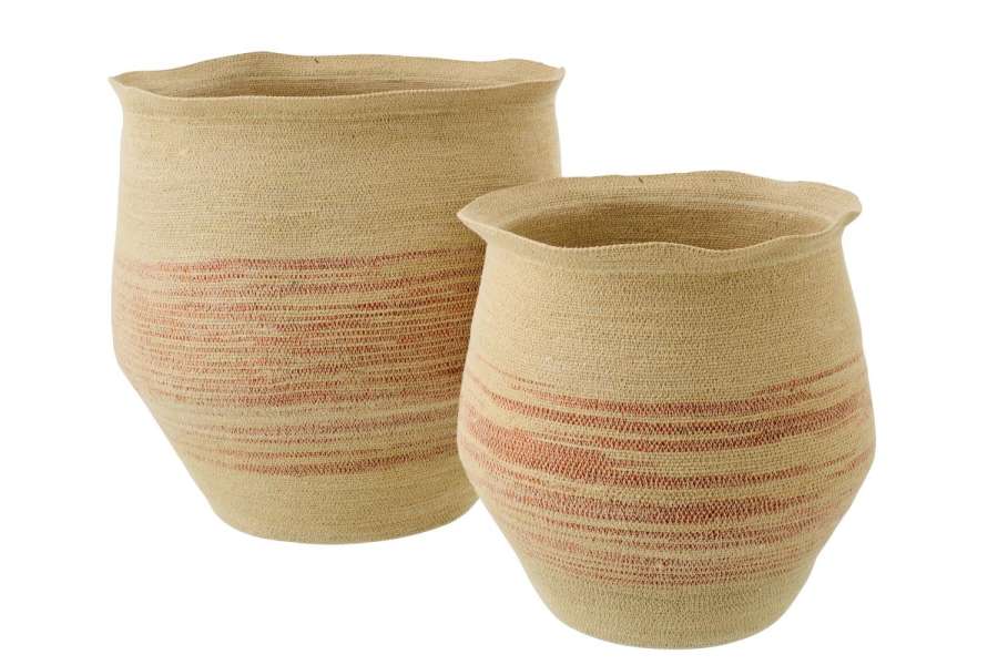 SET OF 2 BASKET STRIPED SEAGRASS NATURAL/DARK ORANGE