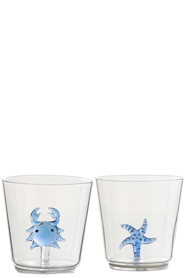 DRINKING GLASS STARFISH/CRAB GLASS BLUE/TRANSPARENT ASSORTMENT OF 2