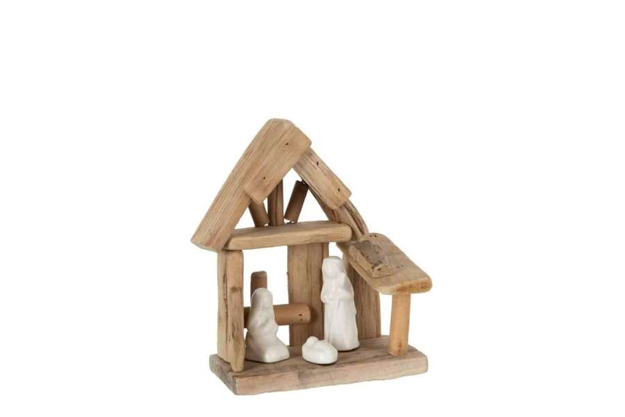 NATIVITY SCENE HOUSE WOOD/CERAMIC NATURAL/WHITE