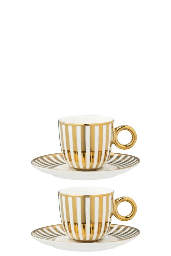 BOX OF 2 COFFEE CUP  +  SAUCER STRIPED PORCELAIN GOLD COLORED/WHITE SMALL