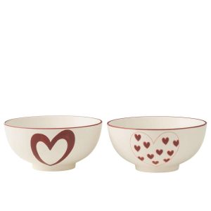 BOX OF 2 BOWLS HEARTS PORCELAIN WHITE/RED LARGE ASSORTMENT OF 2