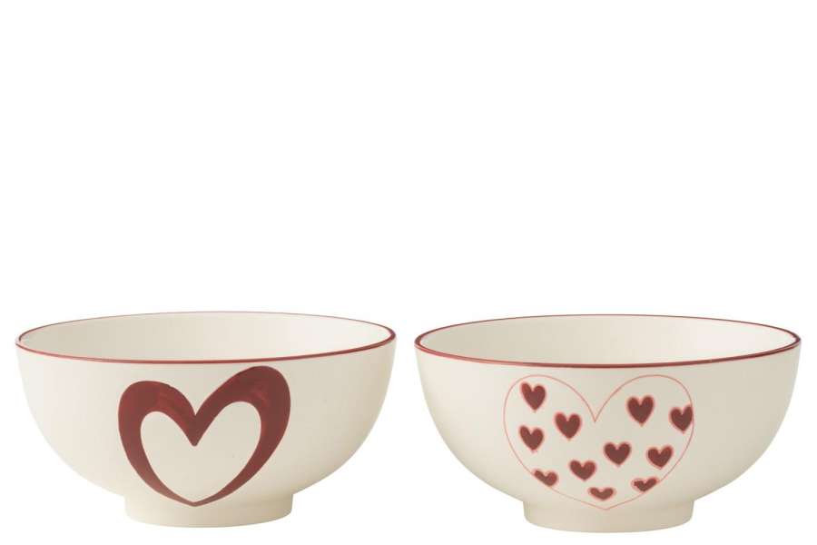 BOX OF 2 BOWLS HEARTS PORCELAIN WHITE/RED LARGE ASSORTMENT OF 2