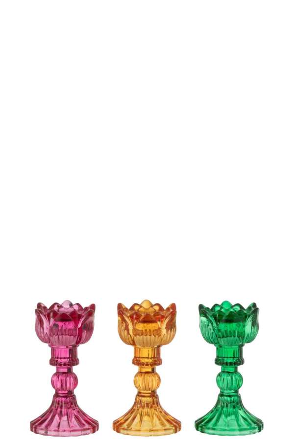 CANDLE HOLDER ROSE GLASS MIX ASSORTMENT OF 3