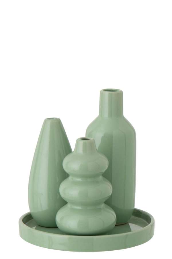 SET OF 4 VASE TRAY PORCELAIN GREY-GREEN