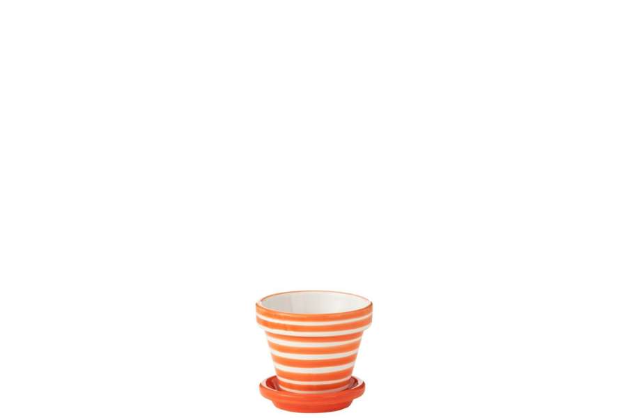 FLOWERPOT+PLATE GRANADA STRIPES HANDMADE/HANDPAINTED CERAMIC ORANGE/WHITE EXTRA SMALL