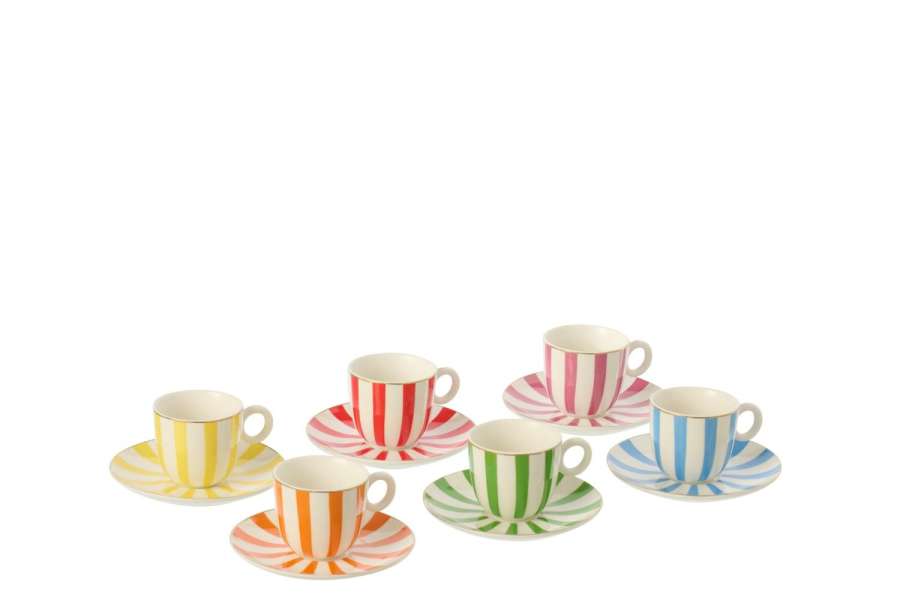 BOX OF 6 COFFEE CUP  +  SAUCER PORCELAIN MULTI SMALL