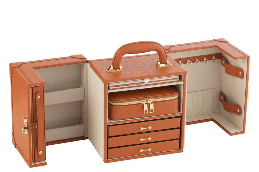 JEWELLERY CASE WITH HANDLE ARTIFICIAL LEATHER COGNAC
