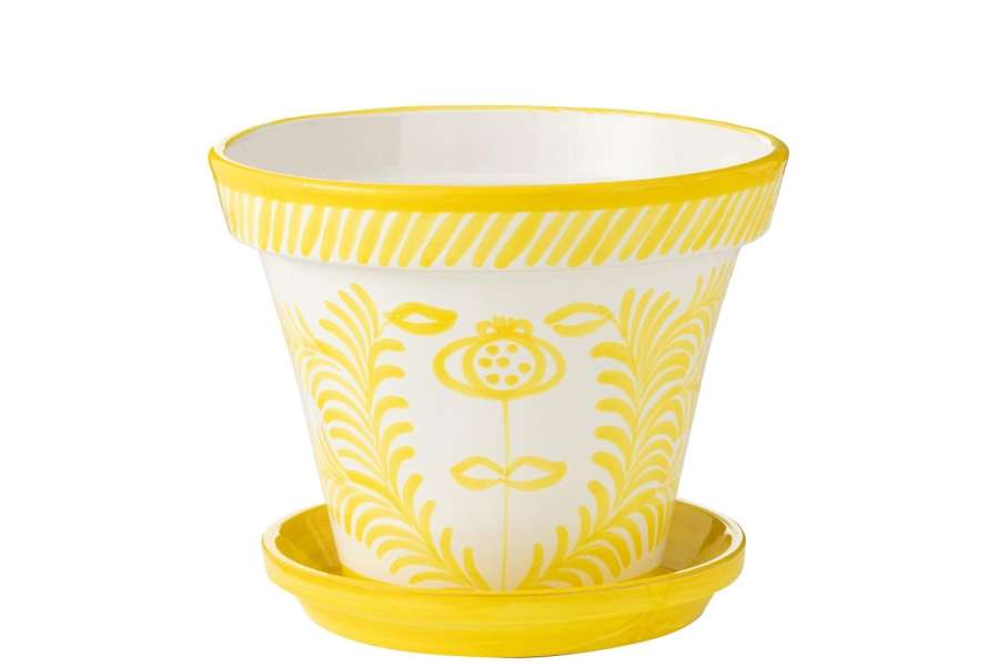 FLOWERPOT+PLATE GRANADA HANDMADE/HANDPAINTED CERAMIC YELLOW/WHITE EXTRA LARGE