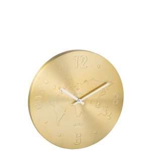 WALL CLOCK WORLD MAP ALUMINIUM GOLD COLORED