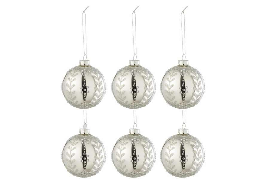 BOX OF 6 CHRISTMAS BAUBLES LEAVES GLITTER GLASS SHINY SILVER SMALL