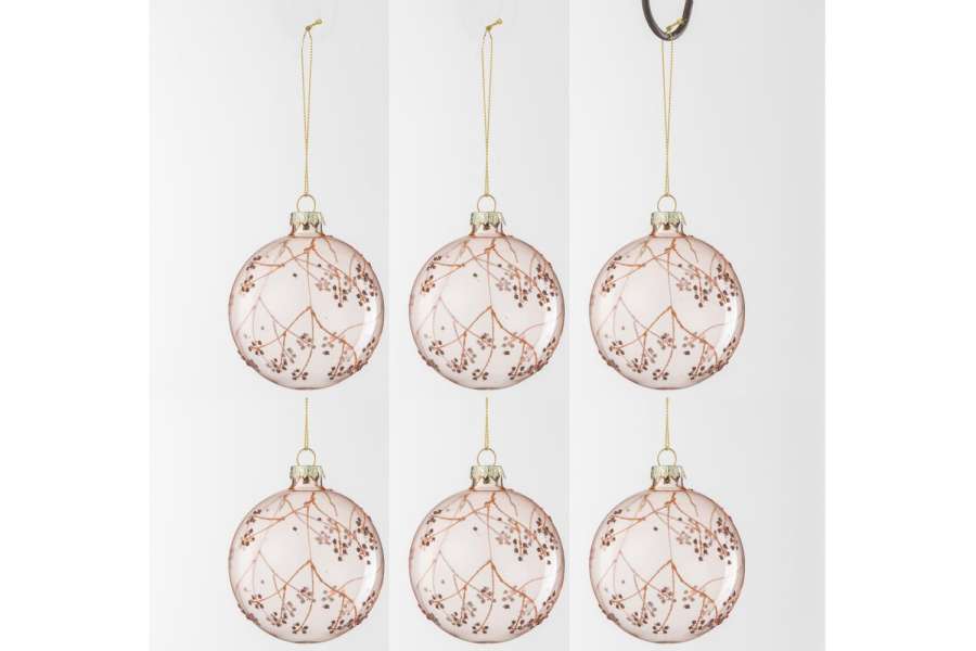 BOX OF 6 CHRISTMAS BAUBLE BRANCHES GLASS LIGHT PINK SMALL