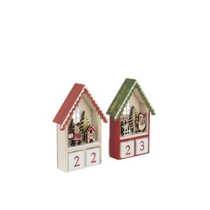 HOUSE ADVENT CALENDAR LED PLYWOOD CHRISTMAS RED/DARK GREEN ASSORTMENT OF 2