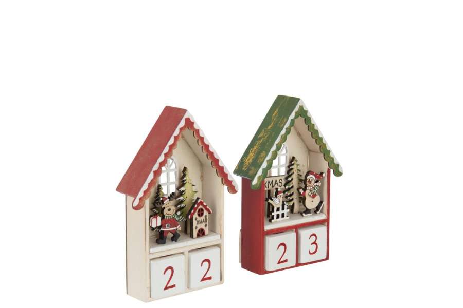 HOUSE ADVENT CALENDAR LED PLYWOOD CHRISTMAS RED/DARK GREEN ASSORTMENT OF 2