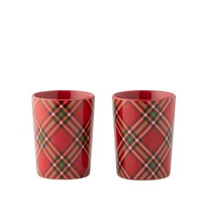 BOX OF 2 CUP PLAID CERAMIC RED