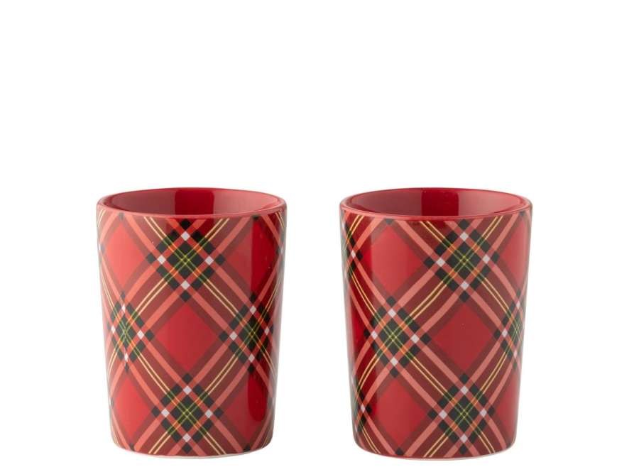 BOX OF 2 CUP PLAID CERAMIC RED