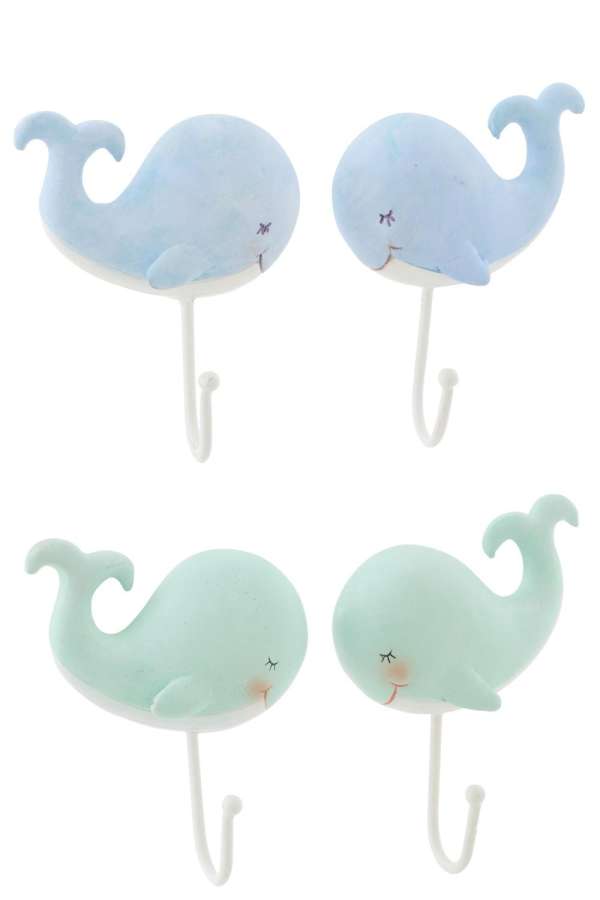COAT RACK WHALE POLYRESIN LIGHT BLUE/LIGHT GREEN ASSORTMENT OF 4