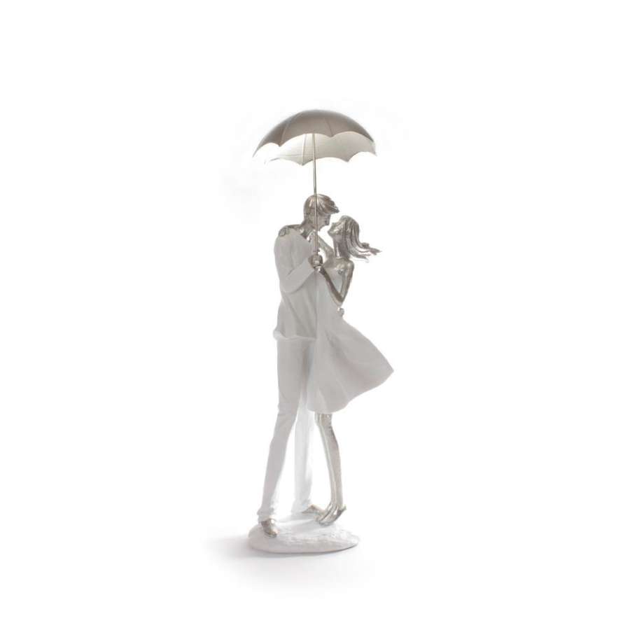 Figur Par M/Paraply Hvit/Sølv 21X12X58Cm