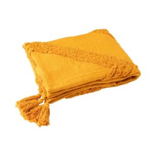 PLAID TUFTED PATTERN+TASSELS COTTON OCHRE