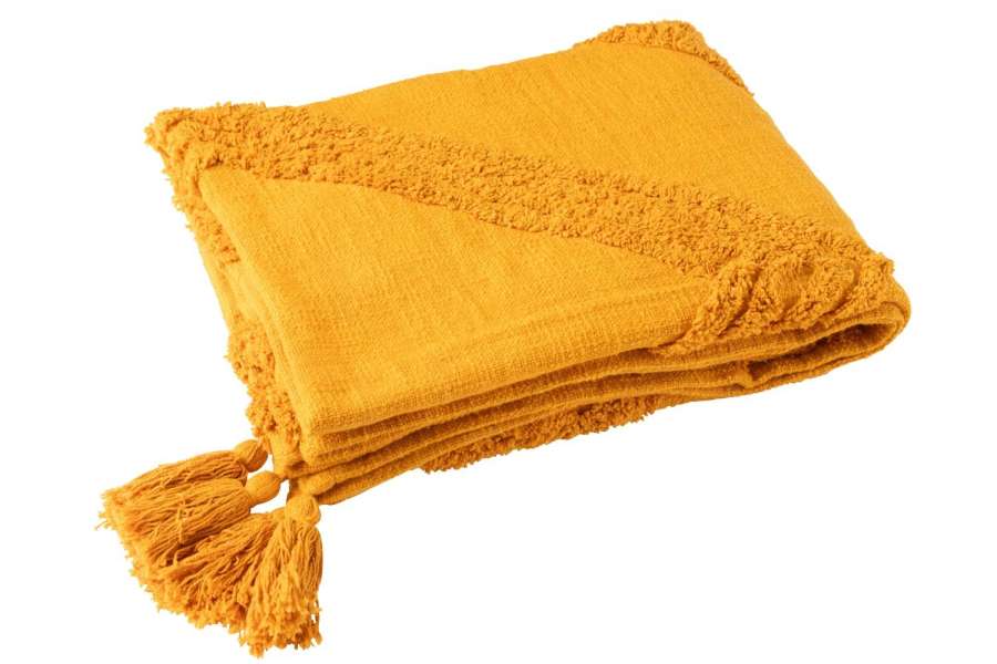 PLAID TUFTED PATTERN+TASSELS COTTON OCHRE