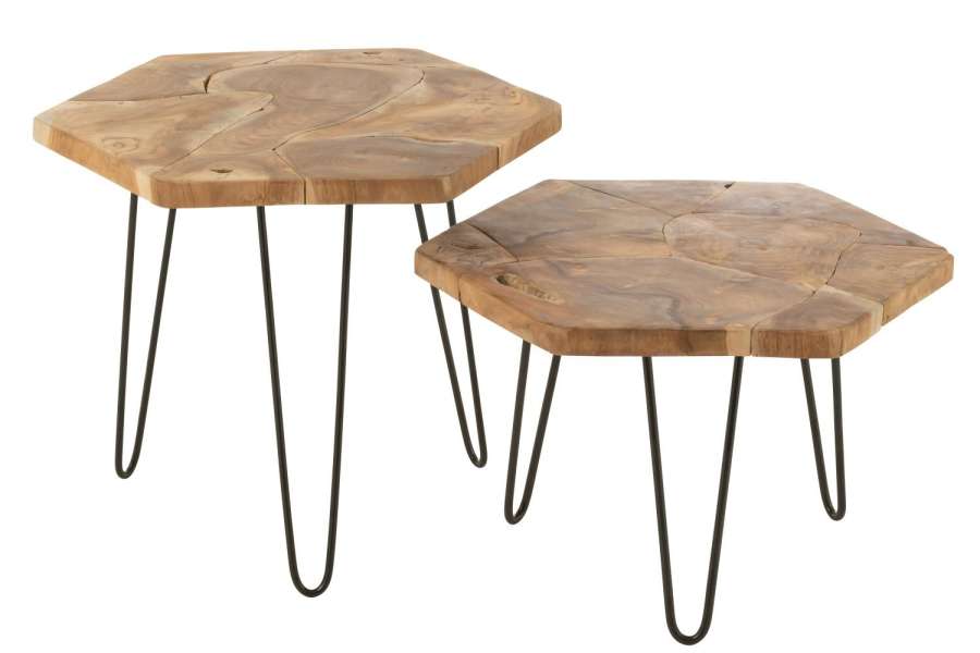 SET OF 2 SIDE TABLE HEXAGONE TEAK WOOD/METAL NATURAL