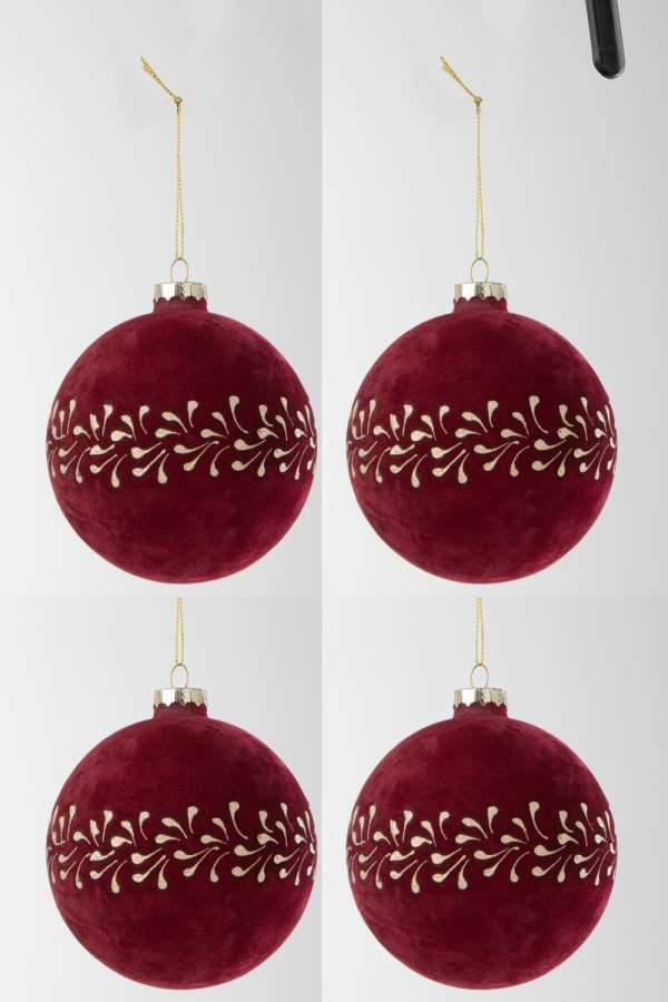 BOX OF 4 CHRISTMAS BAUBLE MOTIVE VELVET BORDEAUX/GOLD