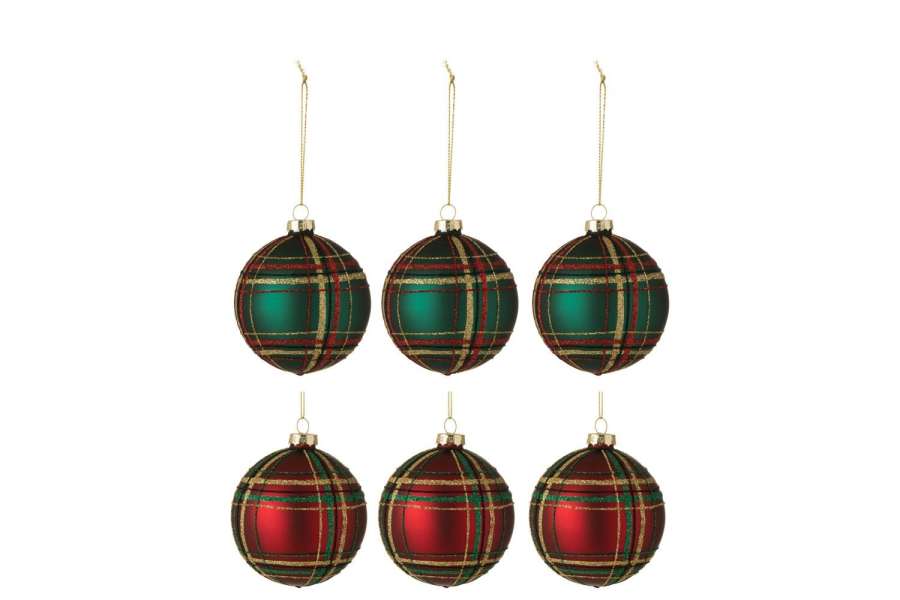 BOX OF 6 CHRISTMAS BAUBLES CHECKERED GLASS 3RED/3GREEN SMALL