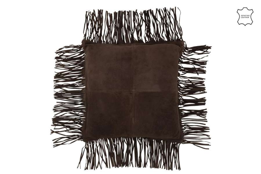 CUSHION FRINGE LEATHER BROWN