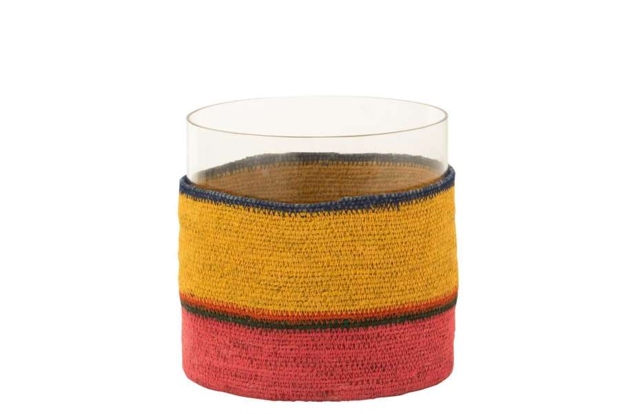 TEA LIGHT HOLDER ROUND+STRIPES GLASS/SEAGRASS YELLOW/PINK