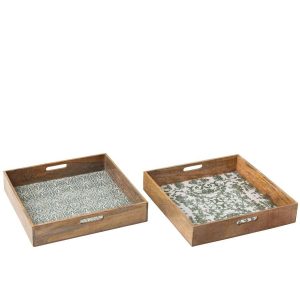 TRAY SQUARE MANGO WOOD GREEN/WHITE ASSORTMENT OF 2