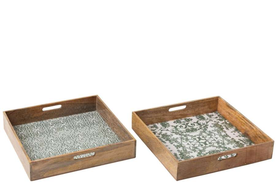 TRAY SQUARE MANGO WOOD GREEN/WHITE ASSORTMENT OF 2