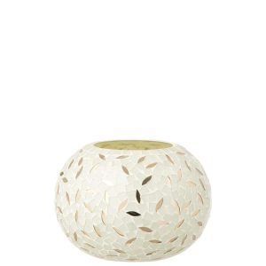 CANDLE HOLDER BALL MOSAIC GLASS OFF-WHITE/SILVER COLORED SMALL