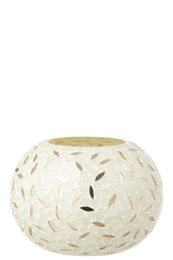 CANDLE HOLDER BALL MOSAIC GLASS OFF-WHITE/SILVER COLORED SMALL