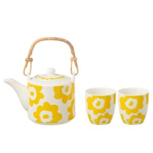 SET OF 3 TEA POT SET FLOWER IN WINDOWBOX CERAMIC YELLOW