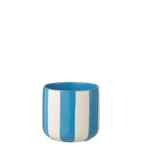 FLOWERPOT STRIPED CERAMIC BLUE/WHITE MEDIUM