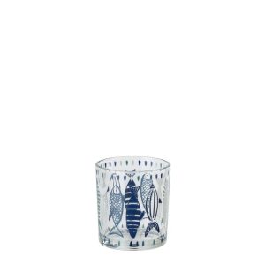 TEALIGHT HOLDER FISH GLASS WHITE/BLUE SMALL