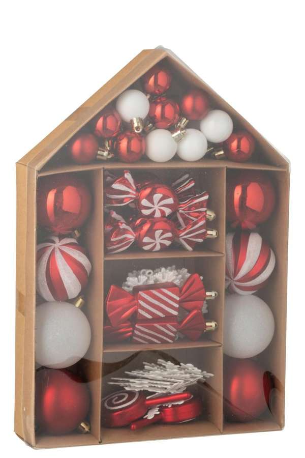 BOX OF 59 CHRISTMAS BAUBLE PLASTIC CHRISTMAS RED/WHITE