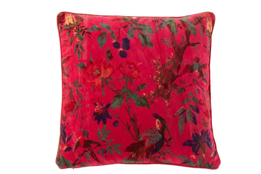 CUSHION BIRDS/FLOWERS COTTON VELVET PINK