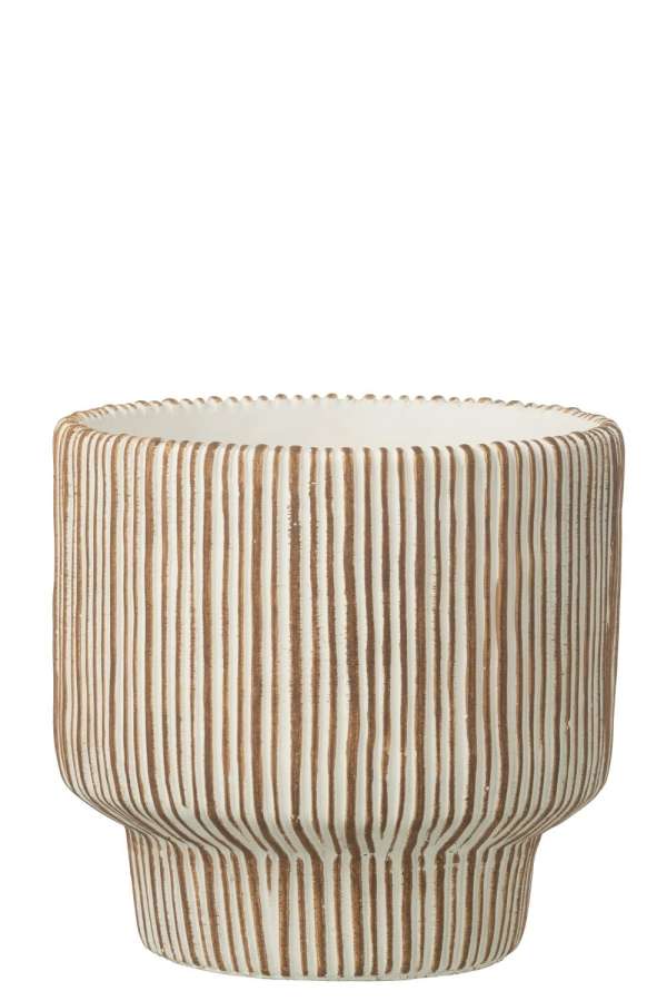 FLOWERPOT ROUND STRIPED CEMENT WHITE/DARK BROWN LARGE