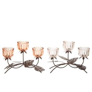 TEALIGHT HOLDER FLOWER IRON LIGHT PINK/ORANGE LARGE ASSORTMENT OF 2