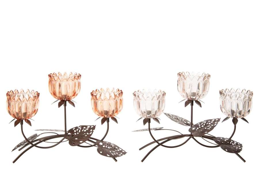 TEALIGHT HOLDER FLOWER IRON LIGHT PINK/ORANGE LARGE ASSORTMENT OF 2